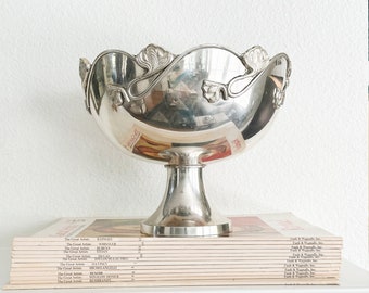 Large Silver Plated Pedestal Fruit Bowl with Floral Design and Scallop Rim, European Classic Design