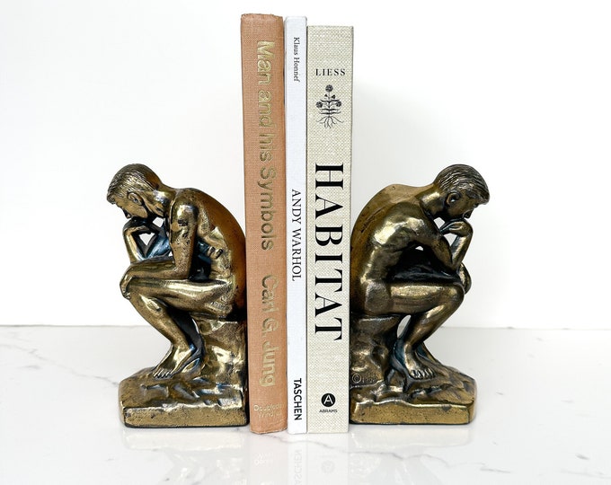 Antique 1928 the Thinker Bookends, Cast Metal Bronze Rodin's Thinker, Brass Gold Color Etsy