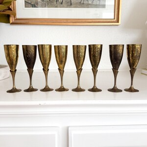 Vintage Hammered Brass Champagne Flute Collection, Set of Eight Petite Glasses