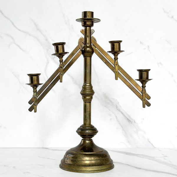 Antique Brass Candelabra with Articulating Arms, 5 Candlestick Holder, Church Altar, Victorian Style