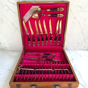 1960s Siam Brass Rosewood Flatware Set: Service for Eight