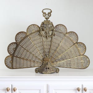 Vintage Brass Peacock Fireplace Screen: Hollywood Regency Victorian Cameo