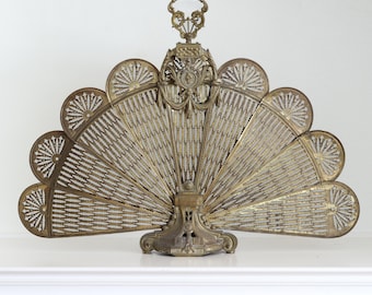 Vintage Brass Peacock Fireplace Screen: Hollywood Regency Victorian Cameo