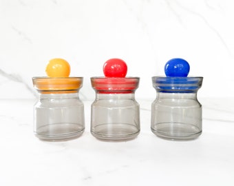 Vintage Plastic Storage Jars with Colorful Lids, Smokey Grey Container, Retro Spice Containers, Made in Hong Kong