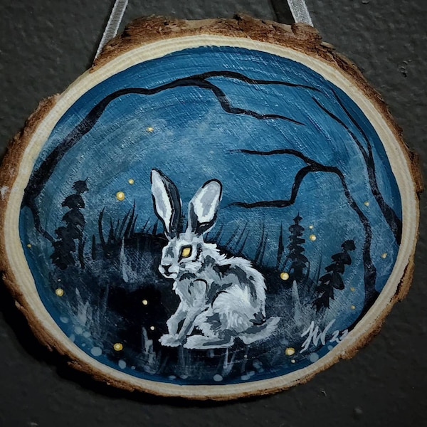Spirit Hare - Original Wood Slice Art - Mini Painting - Hare Painting - Rabbit Painting - Spooky Rabbit - Rabbit Spirit - Rabbit Totem