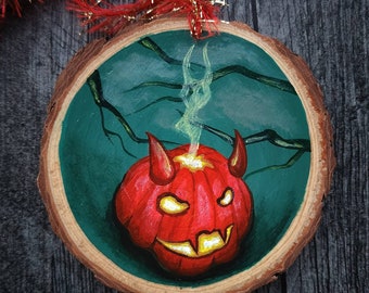 Haunted Master - Pumpkin Painting - Original Art - Wood Slice - Devil - Ornament