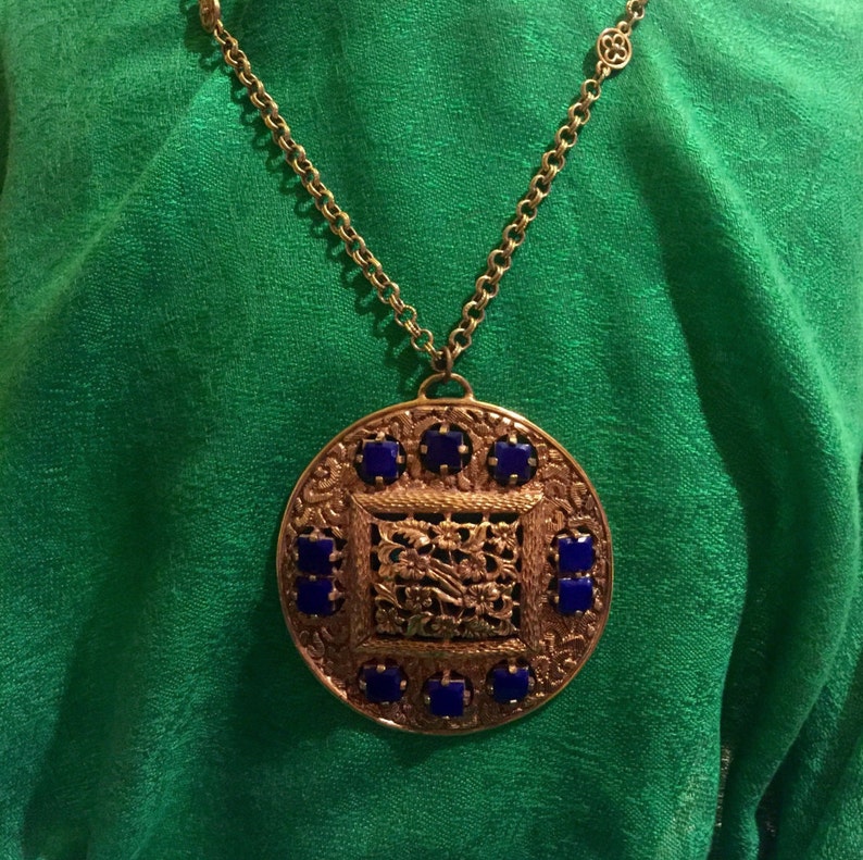 Vintage Signed Lucien Piccard Blue Stone Medallion Necklace