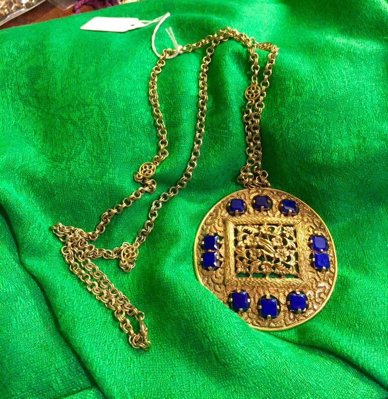 Vintage Signed Lucien Piccard Blue Stone Medallion Necklace