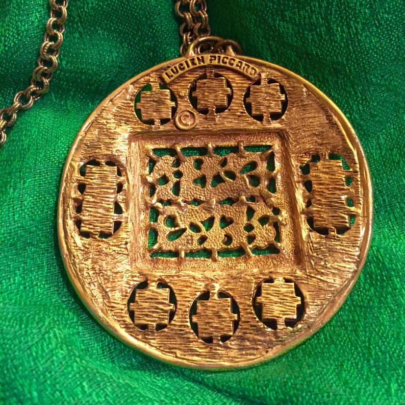 Vintage Signed Lucien Piccard Blue Stone Medallion Necklace