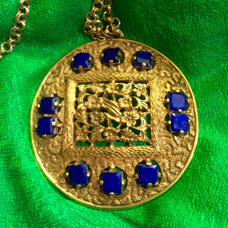 Vintage Signed Lucien Piccard Blue Stone Medallion Necklace