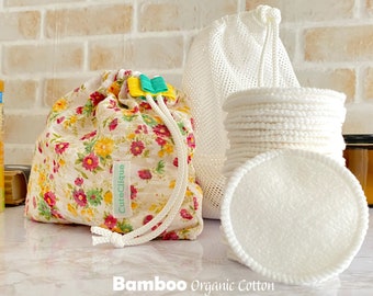 Organic Bamboo Cotton Makeup Rounds – Reusable Facial Pads with Laundry Bag (Travel Size)