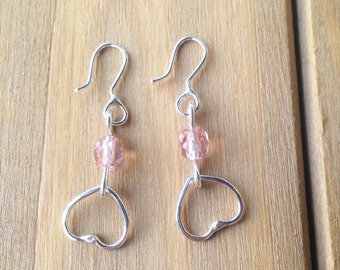 Sterling silver heart teen earrings, Silver dangle heart earrings, Dangle earrings with pink bead, Sterling silver pink bead earrings