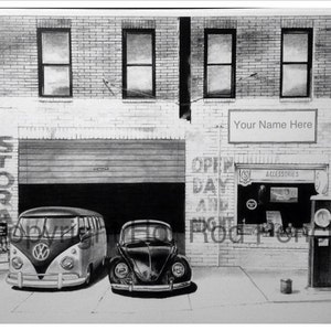 VW Beetle and Bus Customized Pencil Drawing Print