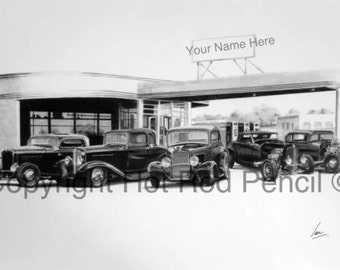 32 Ford Roadster, Coupe, Hi Boy, Hot Rod, Deuce, Customized Pencil Drawing Print