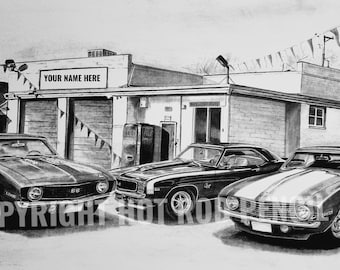 1969 Chevy Camaro, garage art, personalized  Pencil Drawing Print
