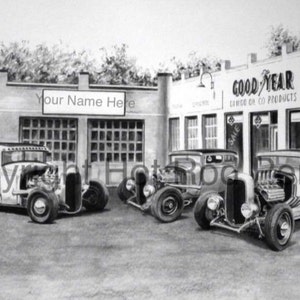 Vintage Ford T Bucket Hot Rods Customized Pencil Drawing Print