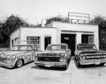 67-68-69-70-71-72 Chevy c10 Pickup Truck Customized Pencil Drawing Print