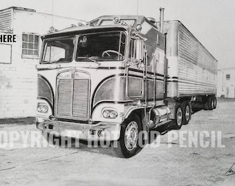 Kenworth K-100 Aerodyne, COE,   cabover, Semi Truck, B.J. and the Bear tv show.  Customized Pencil Drawing Print