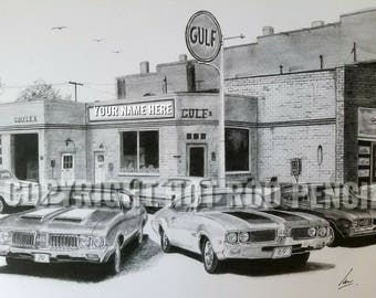 Oldsmobile 442 66-71 personalized  Pencil Drawing Print