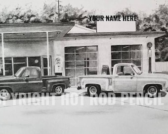 1973-74-75-76-77-78-79-80-81-82-83-84-85-86-87 Chevy Silverado, Step side, 4×4, Pickup Truck Customized Pencil Drawing Print