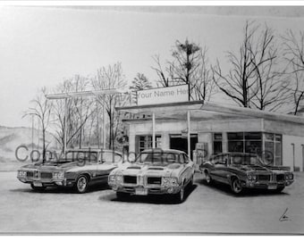 70-71-72 Oldsmobile 442 Customized Pencil Drawing Print