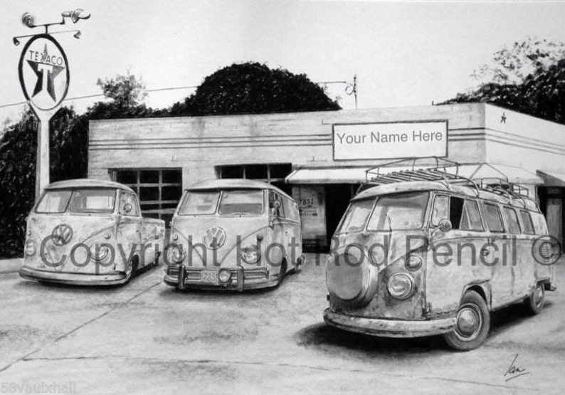 VW Split Window Bus Camper Customized Pencil Drawing Print