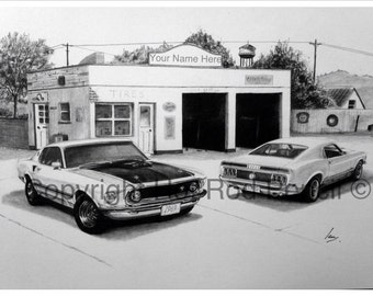 1969 & 1970 Mustang Mach 1 Customized Pencil Drawing Print