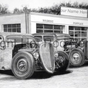Vintage Chevy / Ford Rat Rods / Hot Rods Customized Pencil Drawing Print