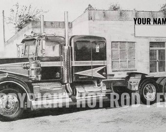 Kenworth W-900,  conventional, Semi Truck, movin' on tv show, Customized Pencil Drawing Print