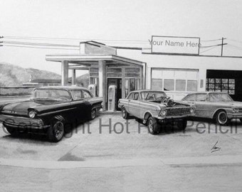 1957 Ford, 1964 Falcon & 1961 Starliner Gasser Customized Pencil Drawing Print