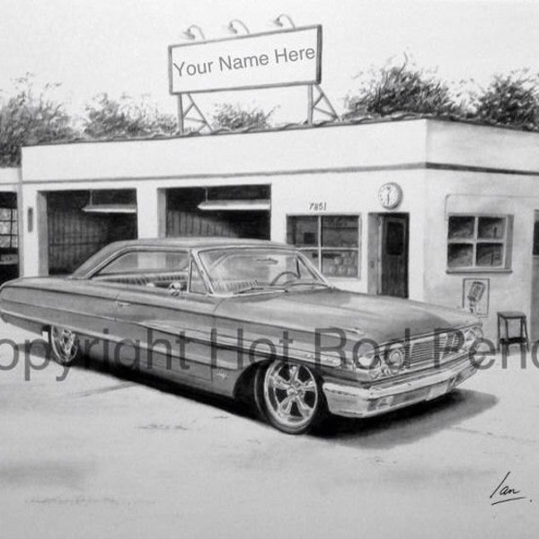 1964 Ford Galaxie Customized Pencil Drawing Print