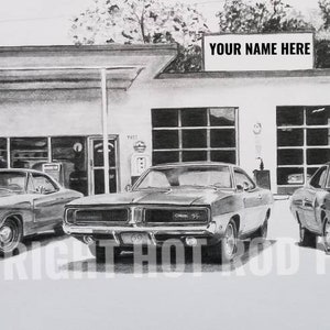 May include: A black and white pencil drawing of three classic 1969 Dodge Chargers parked in front of a garage. The garage has a sign that reads "YOUR NAME HERE".