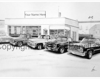 79-80-81-82-83-84-85-86-87 Chevy Silverado Pickup Truck Customized Pencil Drawing Print