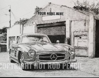 Mercedes 300 SL, Gullwing, Garage Art,  Customized Pencil Drawing Print