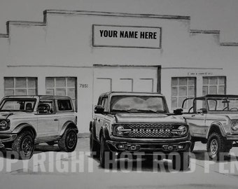 Ford Bronco garage art, personalized  Pencil Drawing Print