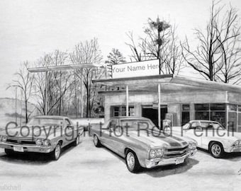 68-68-70 Chevy El Camino Customized Pencil Drawing Print