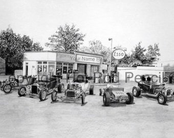 Vintage Ford T Bucket / Model T Hot Rods Customized Pencil Drawing Print