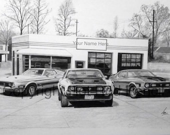 71-72-73 Ford Mustang Mach 1 Customized Pencil Drawing Print