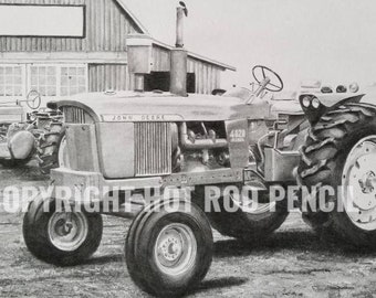 John Deere, tractor, barn, farm,  garage art, personalized  Pencil Drawing Print