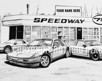 Pontiac Fiero, Customized Pencil Drawing Print, man cave, garage art.