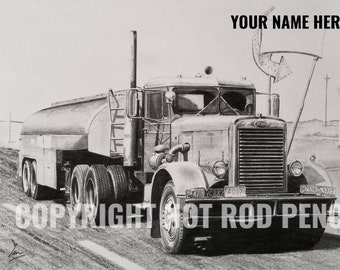 Peterbilt, 351, 359, conventional, Semi Truck, tanker, Customized Pencil Drawing Print