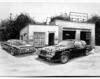May include: A black and white pencil drawing of a vintage car parked in front of a service station. The station has the words "LUBRICATION" and "WASHING" above the garage doors. A sign reads "Your Name Here".