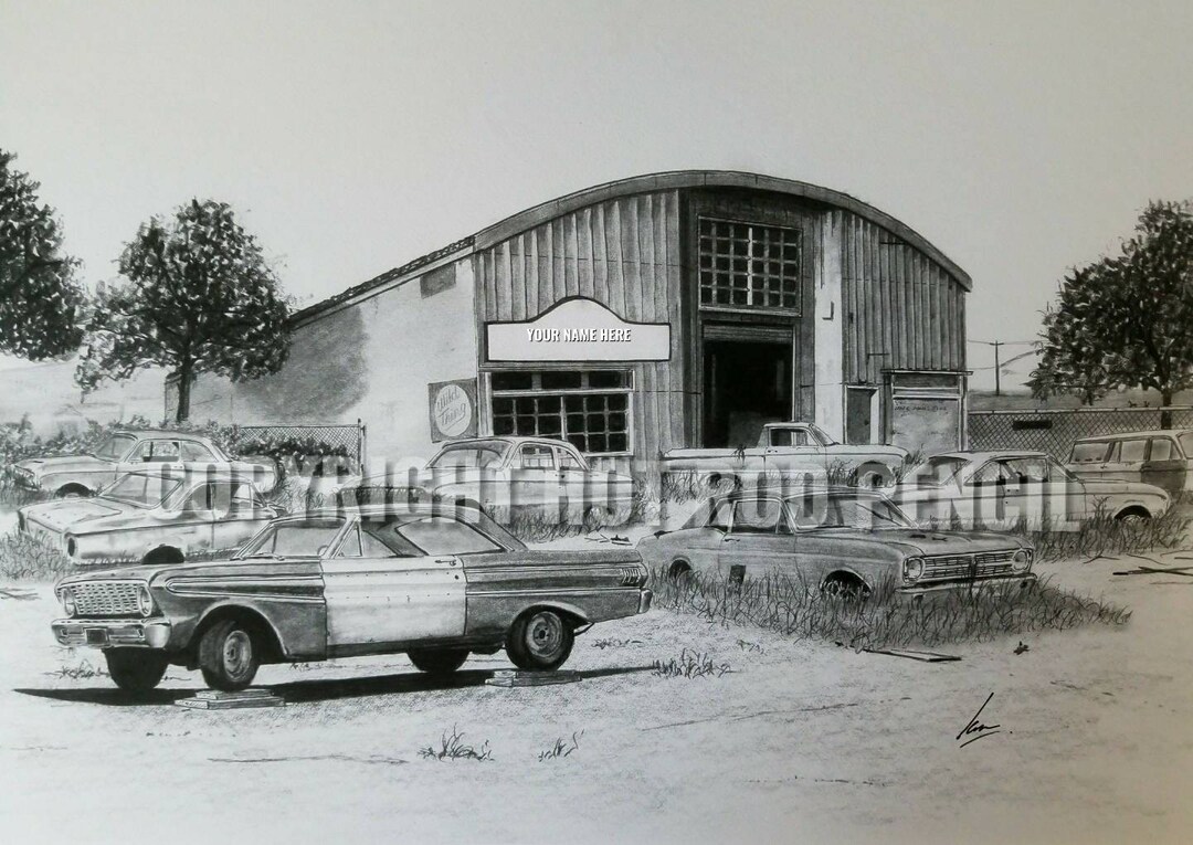 Ford Falcon Junkyard Garage Art Personalized Pencil Drawing Print Etsy