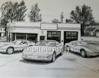 Chevy Corvette C4 1984-93, garage art, personalized  Pencil Drawing Print