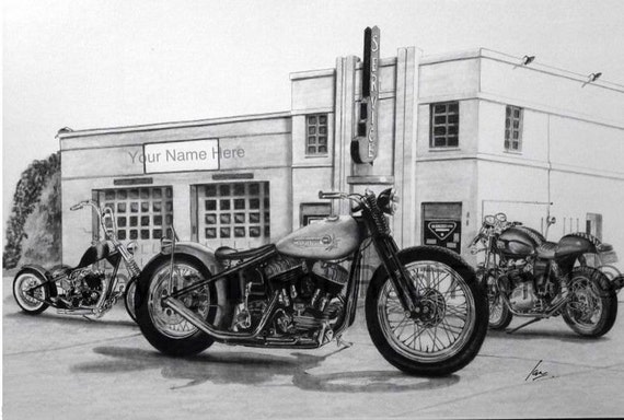 Triumph & Harley Bobber / Chopper / Cafe Racer Customized Pencil Drawing  Print 