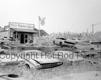 Mopar (Challenger, Charger, Cuda, Dart, Duster) Junkyard Customized Pencil Drawing Print