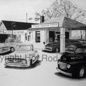 May include: Black and white drawing of a vintage gas station with four classic pickup trucks. The gas station has a sign that reads "Your Name Here".