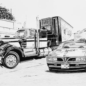 1978 Pontiac Trans Am Smokey and the Bandit, Kenworth W900A, semi Truck,  Customized Pencil Drawing Print