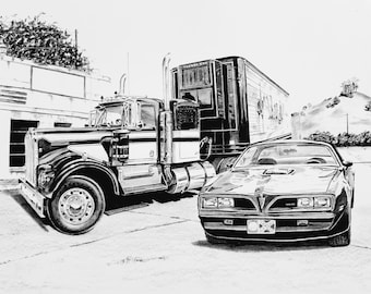 1978 Pontiac Trans Am Smokey and the Bandit, Kenworth W900A, semi Truck,  Customized Pencil Drawing Print