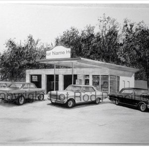 May include: Black and white pencil drawing of a vintage gas station with the sign "Your Name Here" above the entrance. Three classic cars are parked in front of the station, including a Chevrolet Nova.